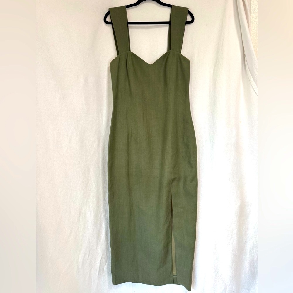 Olive Green Linen Versatile Straps Maxi Dress Front Slit Size 10